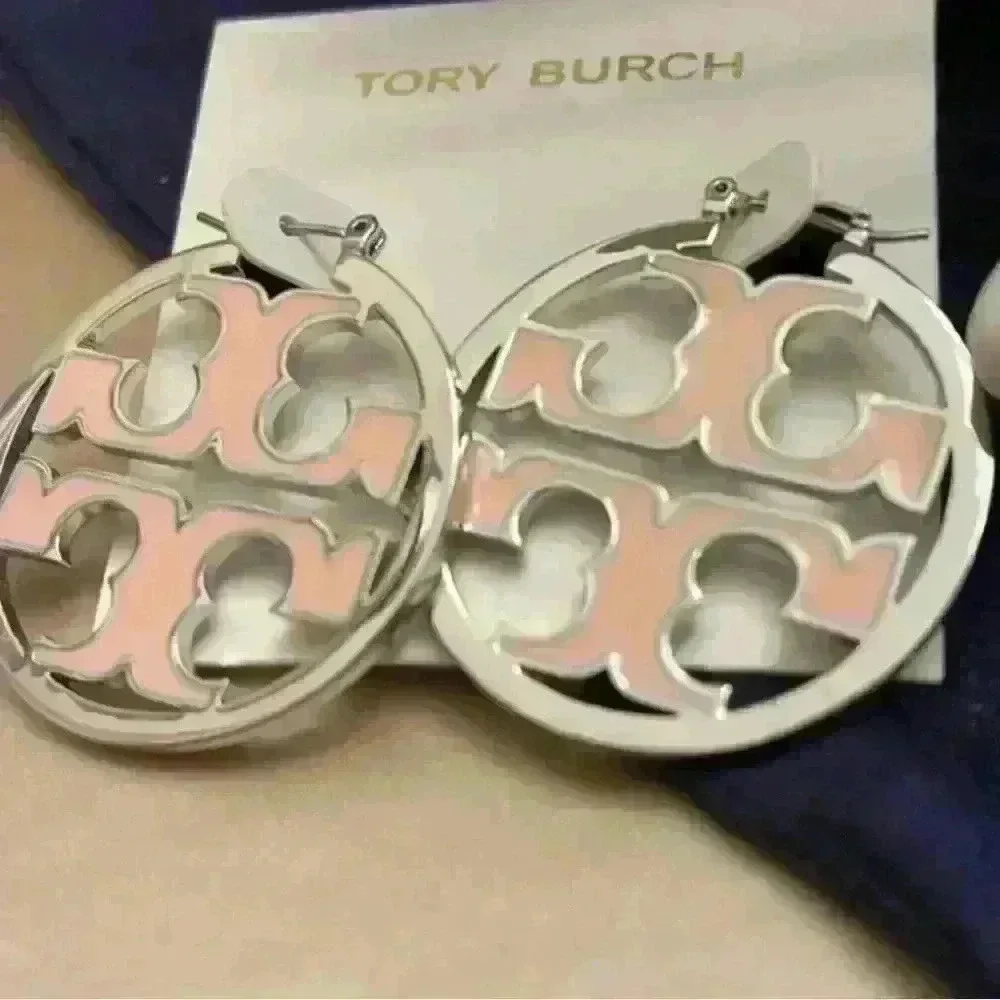 Tory Burch Two-Tone Logo Cutout Hoop Earrings - Peach and Silver